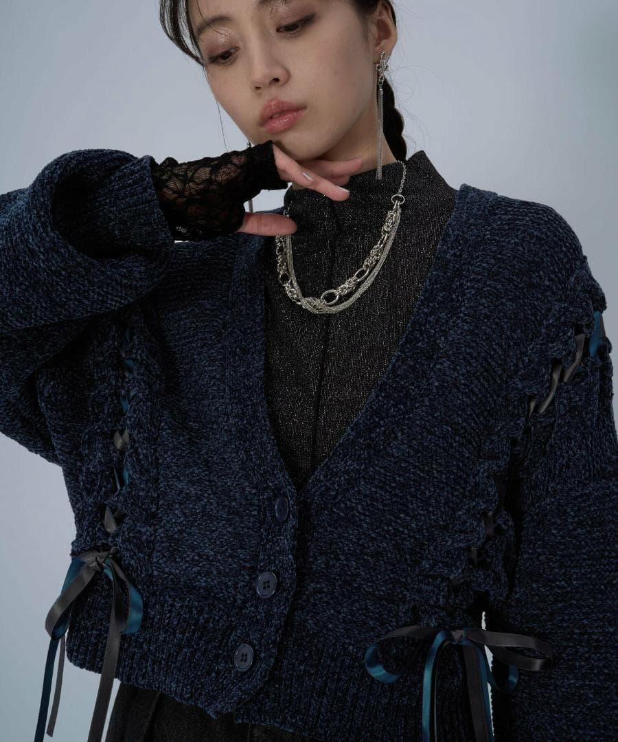 即完売品 新作 新品 HARE モールレースアップカーディガン ブルー