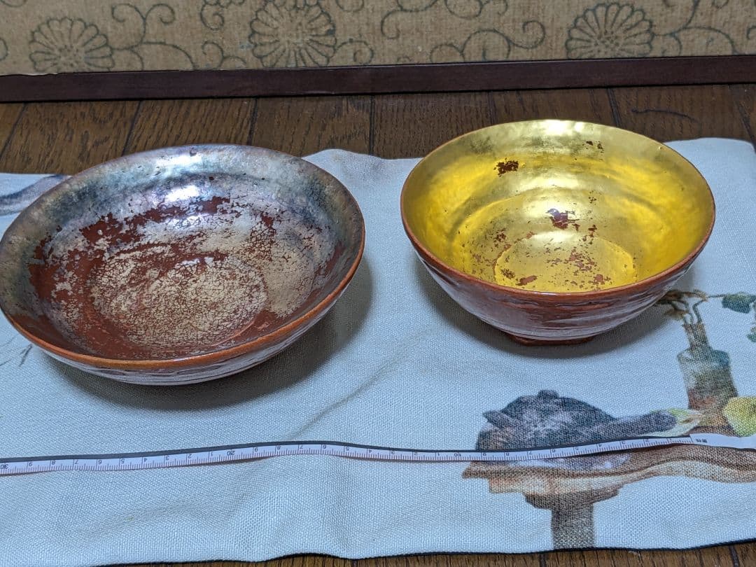 玉藻焼　嶋台茶碗　楽茶碗　一対 茶道具 抹茶茶碗 嶋台茶碗 島台茶碗 川崎和楽作 楽焼き 赤楽茶碗 金銀