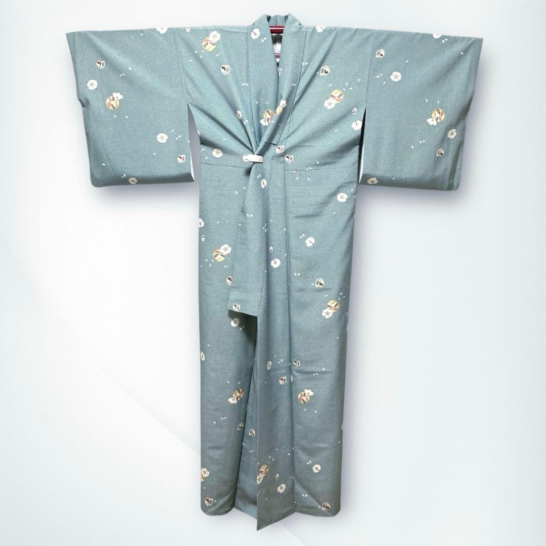 美品✨】東レシルック 洗える着物 小紋 水浅葱色 狛犬 桜 手縫い仕立て