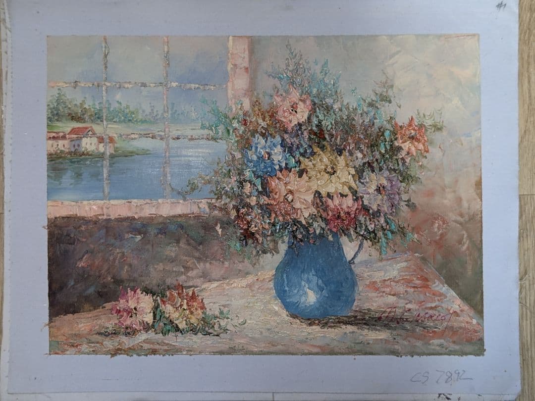 窓辺の花束」油彩原画 32×42cm インプレッショニズム風 厚塗り技法