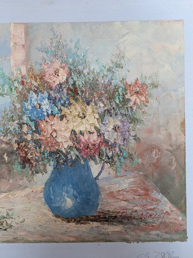 窓辺の花束」油彩原画 32×42cm インプレッショニズム風 厚塗り技法