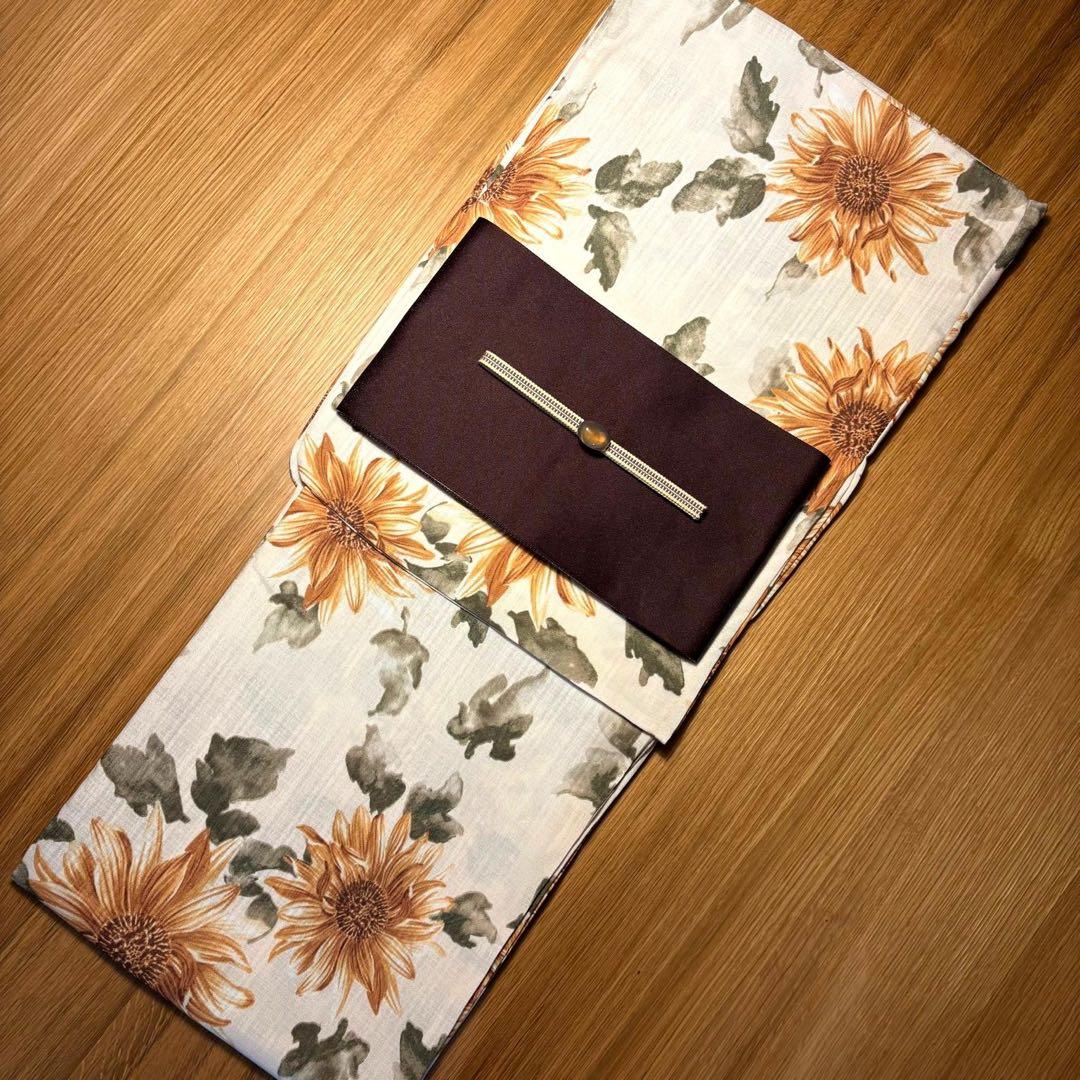 浴衣4点セット◆ひまわり浴衣✖️半幅帯✖️天然石帯留✖️真田紐 市松 浴衣 セット レディース 大人 兵児帯 夏 2点セット 浴衣セット