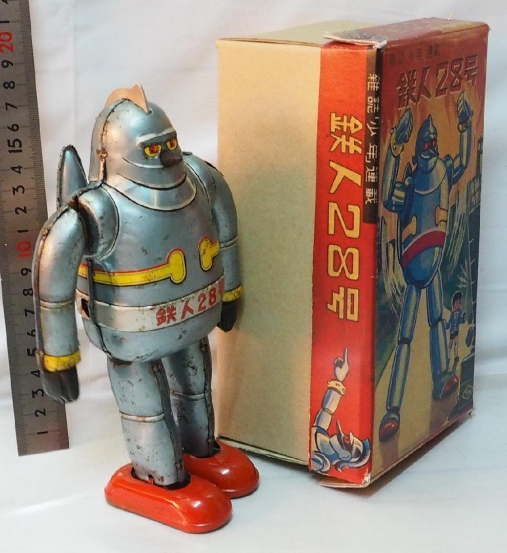野村【鉄人28号 水色 サビ有 金具欠】当時物ブリキ ロボットTIN 箱は