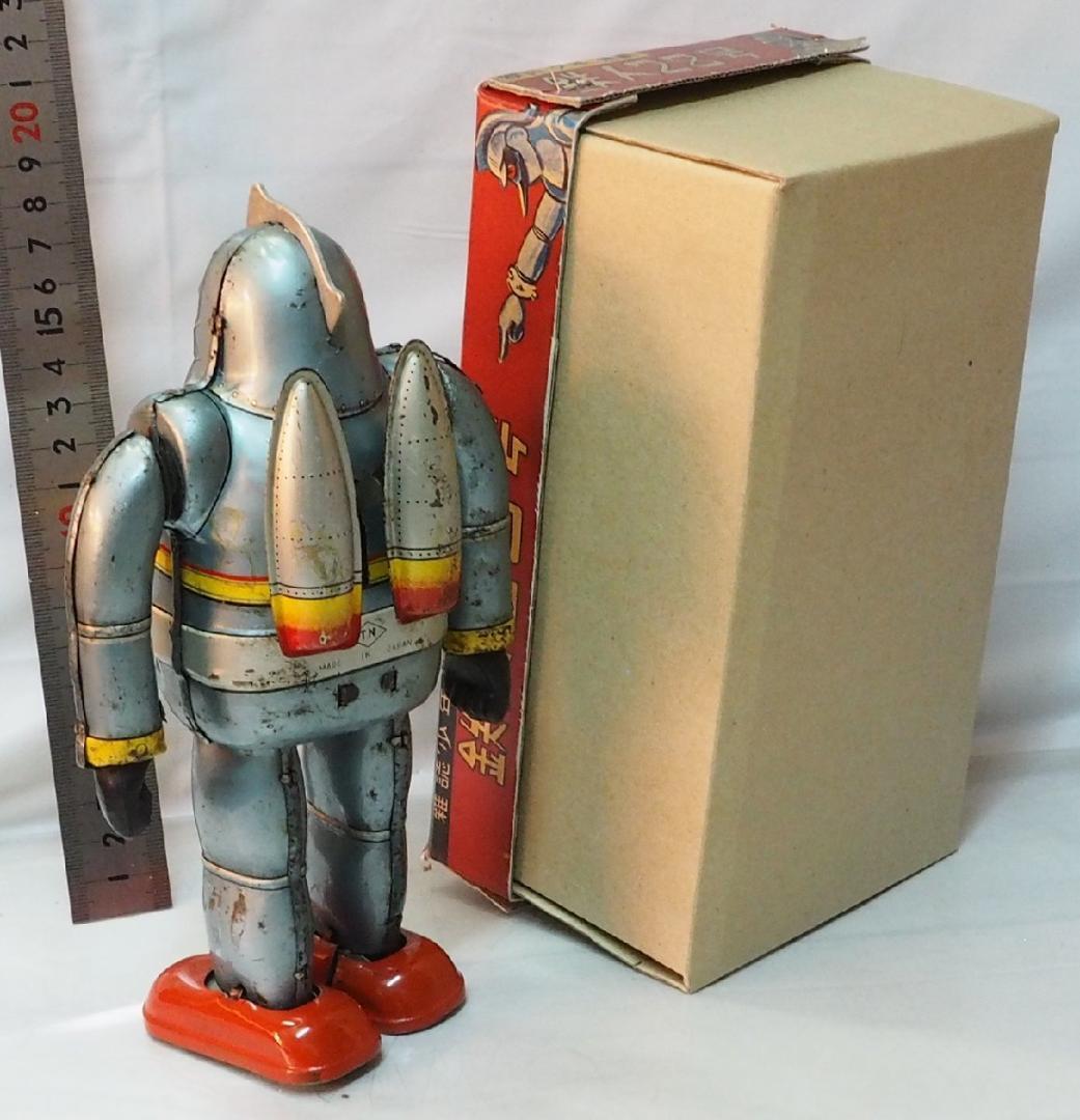 野村【鉄人28号 水色 サビ有 金具欠】当時物ブリキ ロボットTIN 箱は