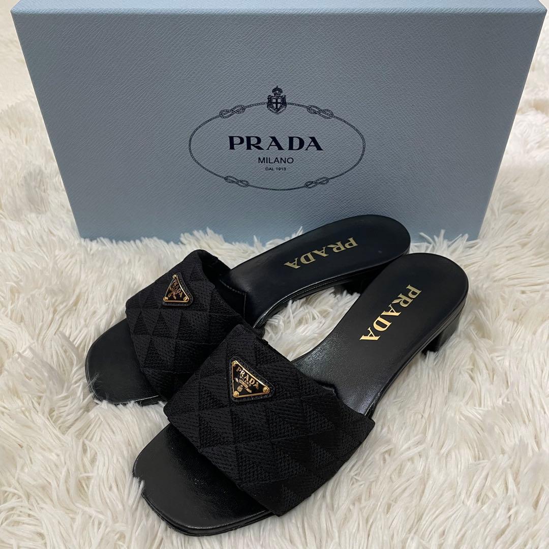 美品 プラダ 三角ロゴ エンブロイダリー サンダル 黒 36 レディース 箱