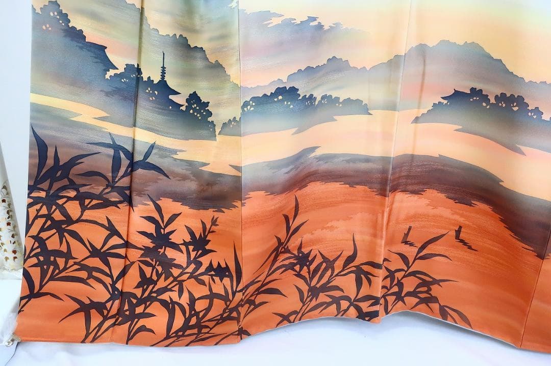 訪問着 ブルーグレー オレンジ系 夕暮れの京風景 身丈163.0cm 正絹