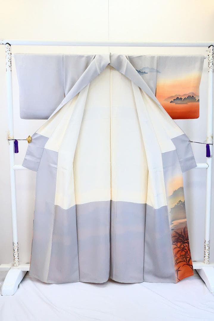 訪問着 ブルーグレー オレンジ系 夕暮れの京風景 身丈163.0cm 正絹