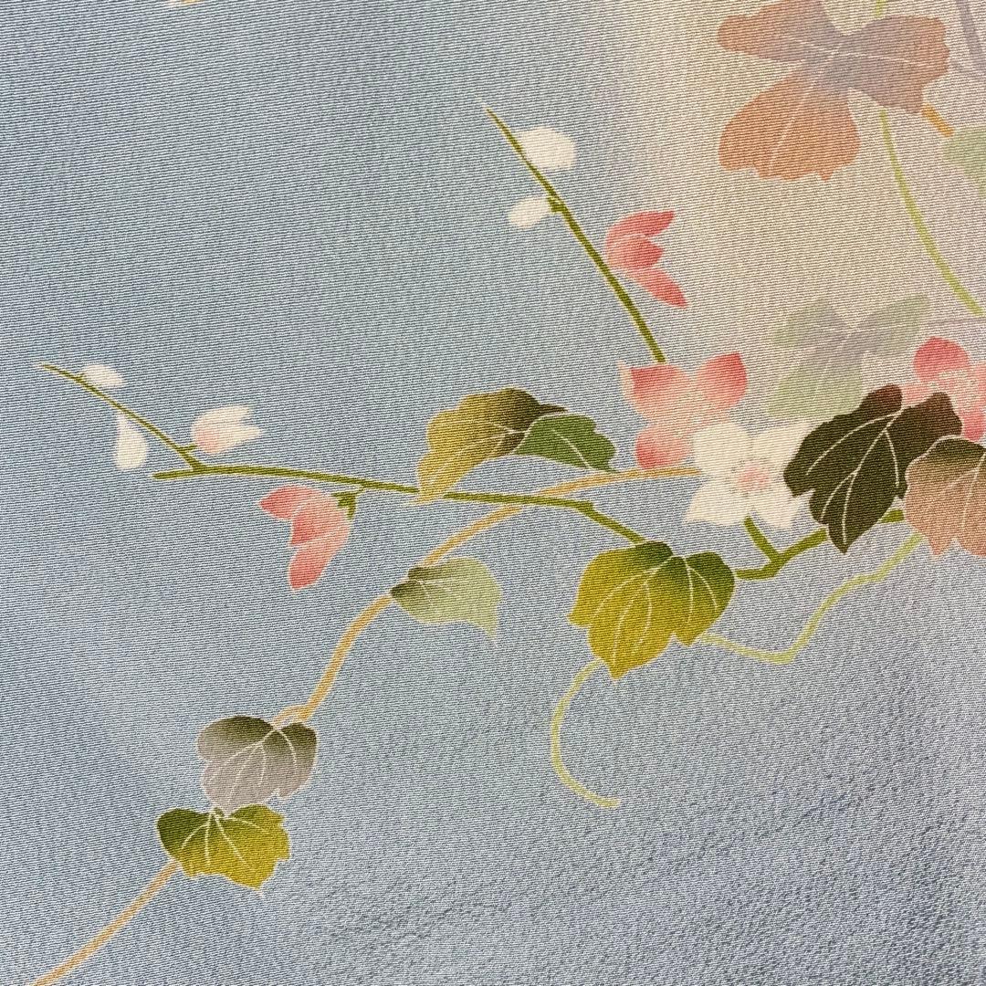 D227訪問着 手描き友禅 水色 花模様 正絹着物 袷 しつけ糸付き未使用極