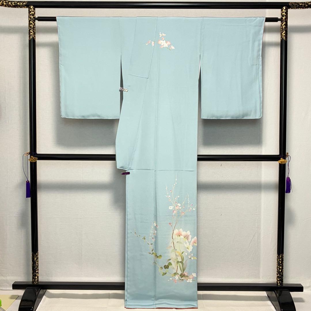 D227訪問着 手描き友禅 水色 花模様 正絹着物 袷 しつけ糸付き未使用極