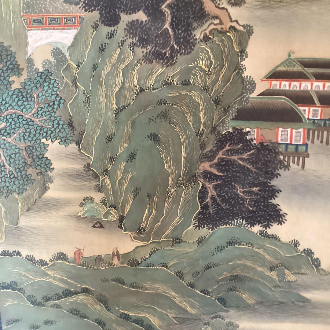 柳澤淇園 絹本着色 掛軸一幅【湖畔に浮かぶ風景画】岩絵具 軸先良品