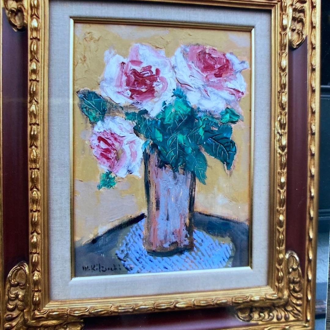 画家菊地正則「三輪のバラ」(ピエールロンサン)絵画 油彩画 額付き F4