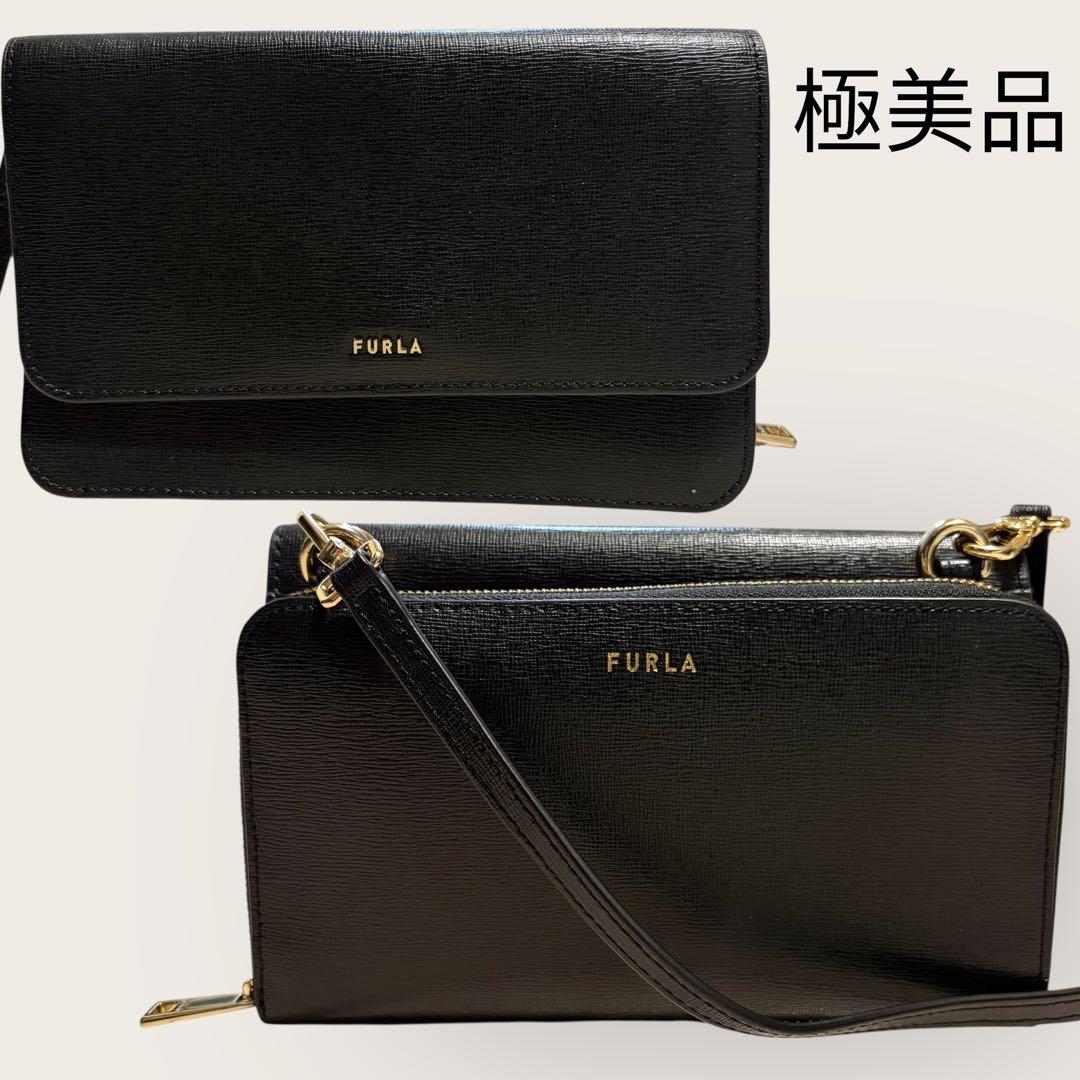 【極美品】フルラ ウォレットショルダーバッグ レザー 現行ロゴ　黒 リーヴァ FURLA（フルラ） ショルダーバッグ リーヴァ レディース FURLA WE00520