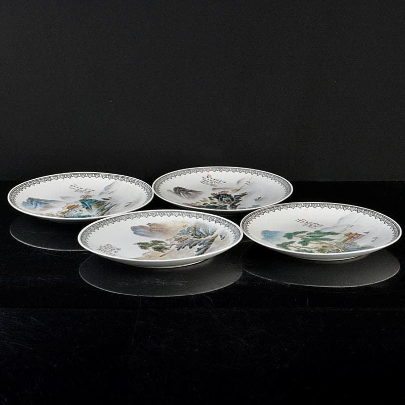 中国 1980年代中国景徳鎮製 漢詩山水文盤 飾皿 4枚