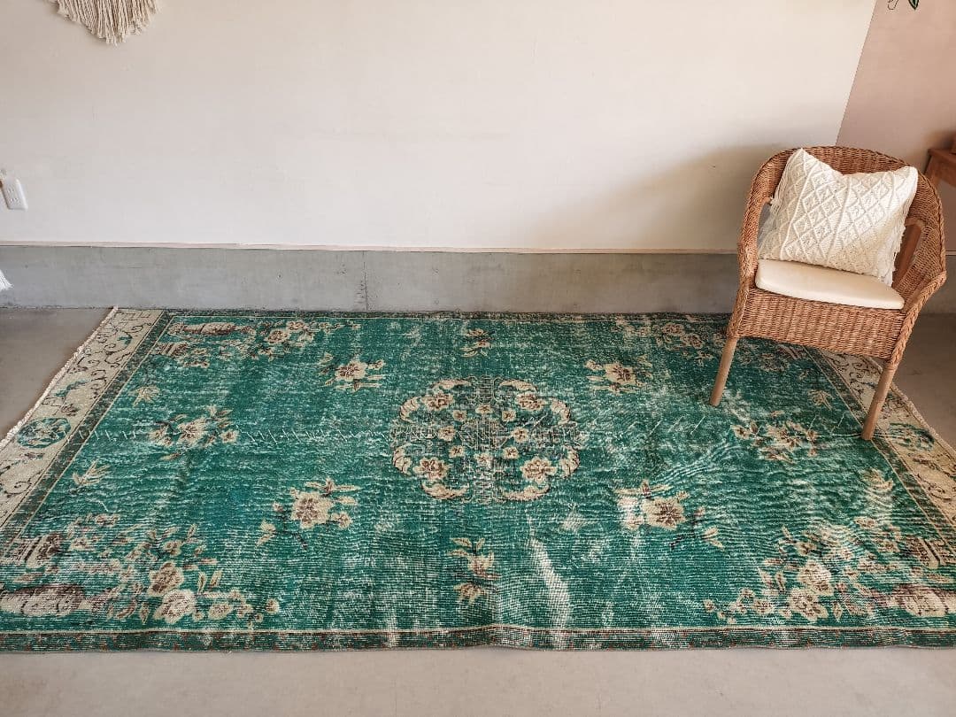 超大判/エメラルドグリーンのシノワズリラグ トリコヴィンテージラグ No586
