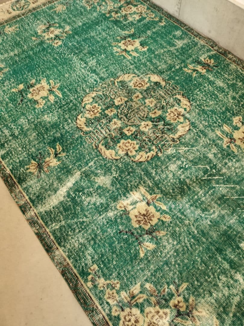 超大判/エメラルドグリーンのシノワズリラグ トリコヴィンテージラグ No586