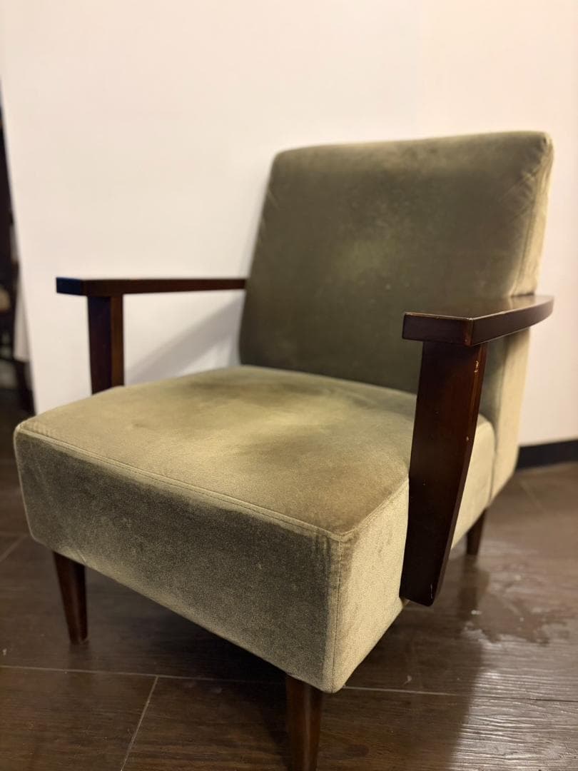 国産レトロ 喫茶店チェア 1シーターソファ ベロア×木製アームチェア