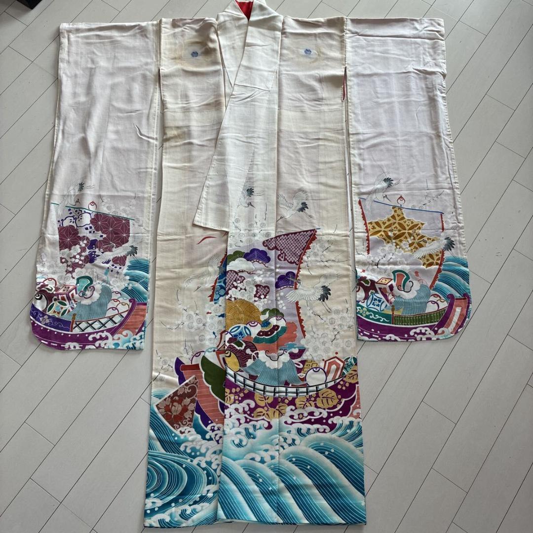 □E5029□アンティーク□正絹縮緬□大正ロマン 五つ紋 宝船と鶴柄 袷