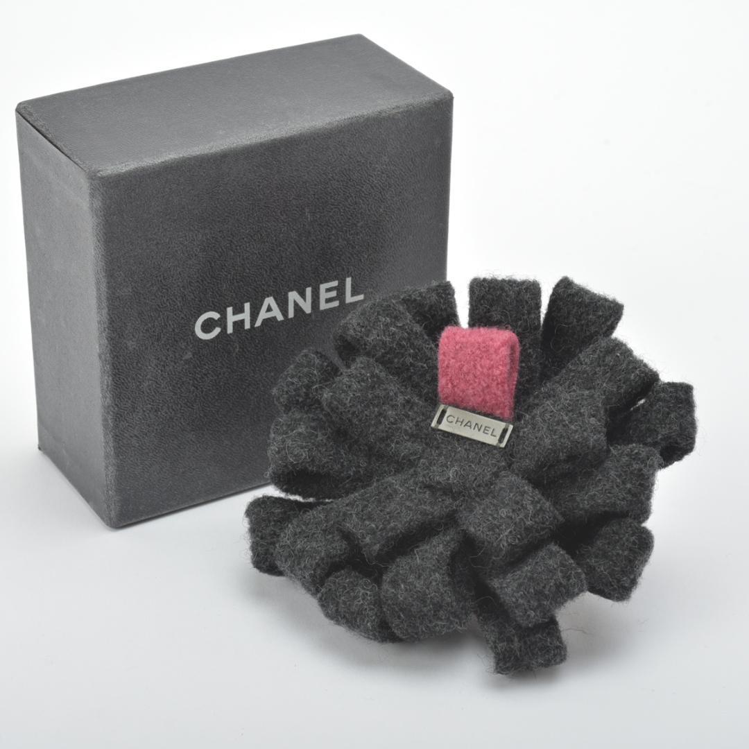 美品◇シャネル フラワー ブローチ コサージュ ツイード グレー 黒 箱