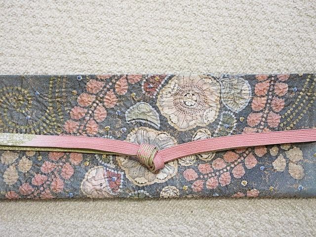 袋帯：辻が花 絞り：高級品：美品：作家印：ブルーグレー金糸織：N97