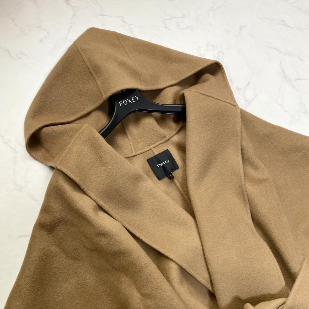 セオリー カシミヤ混 フード付きポンチョ ラップコート キャメル