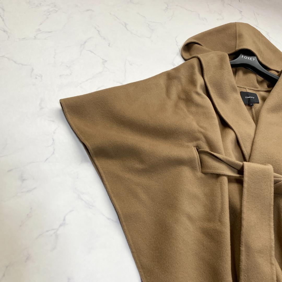 セオリー カシミヤ混 フード付きポンチョ ラップコート キャメル