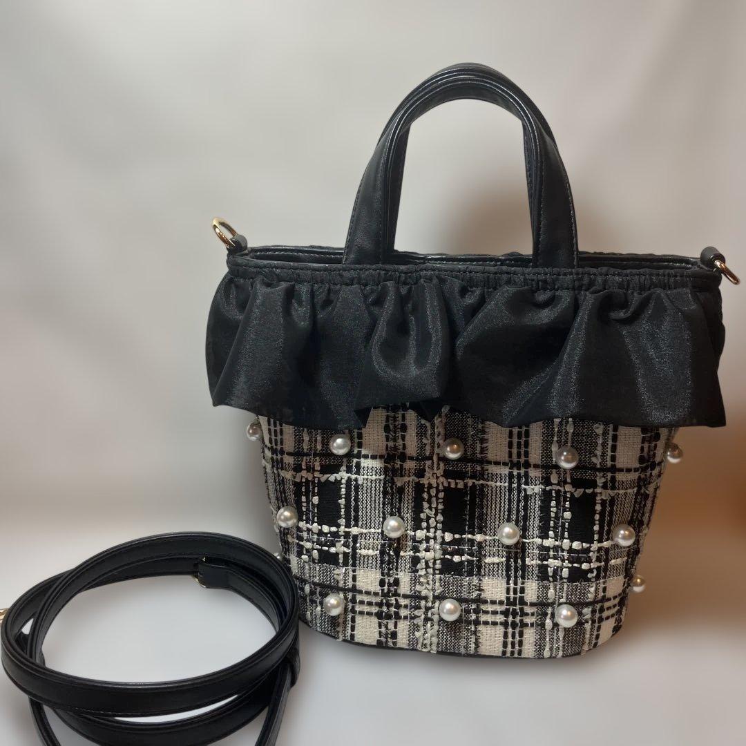 DIANA パール フリル バケツ2wayツイードバッグ ブラック フォーマル