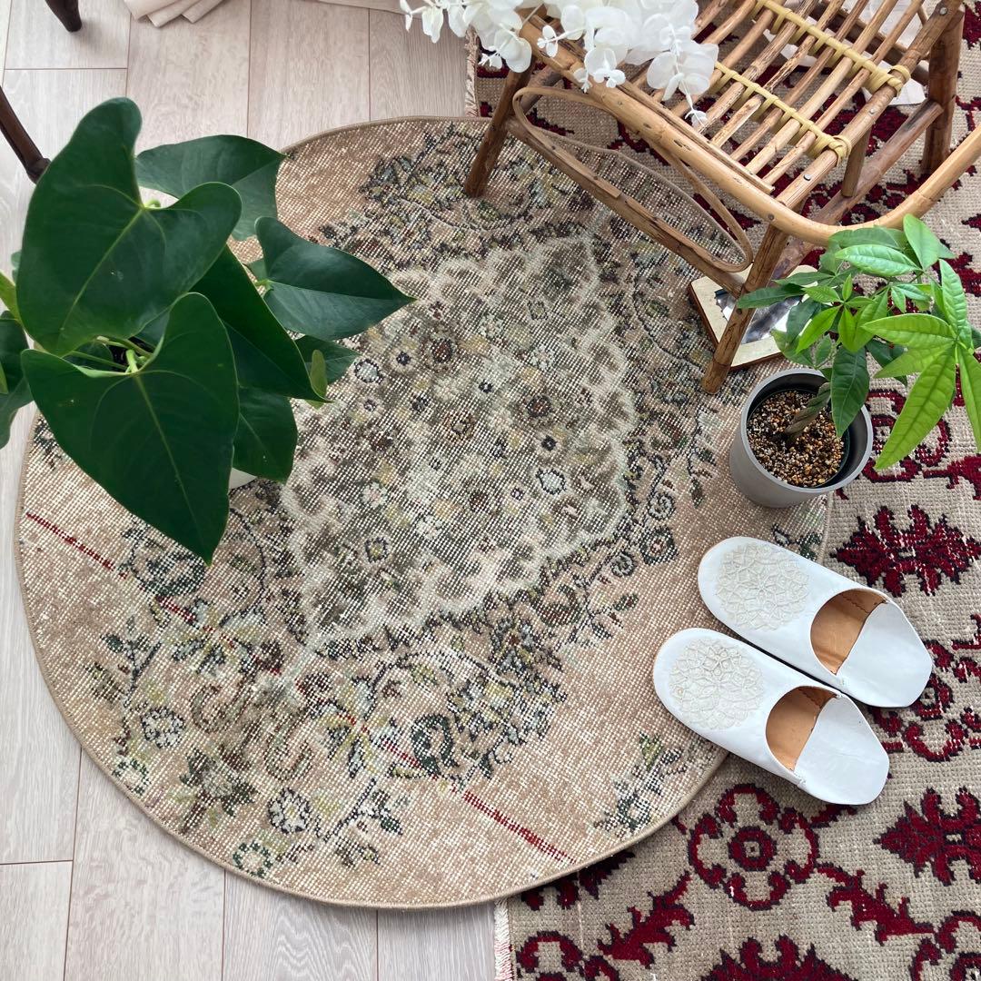 キャラメルベージュ89×84グレー メダリオン ラウンド トルコ