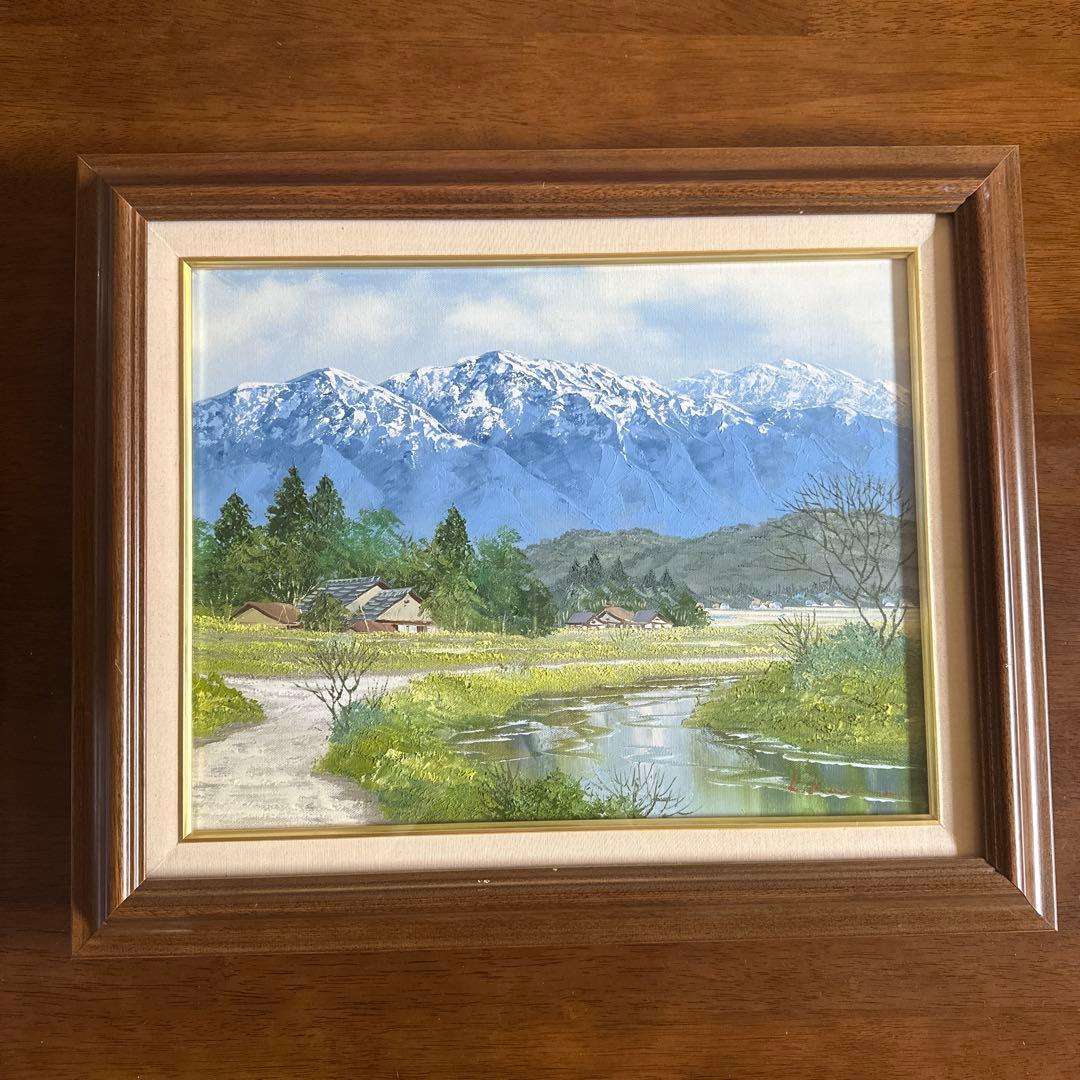 雪山と川の風景 油彩画 雪山と川の風景 油彩画