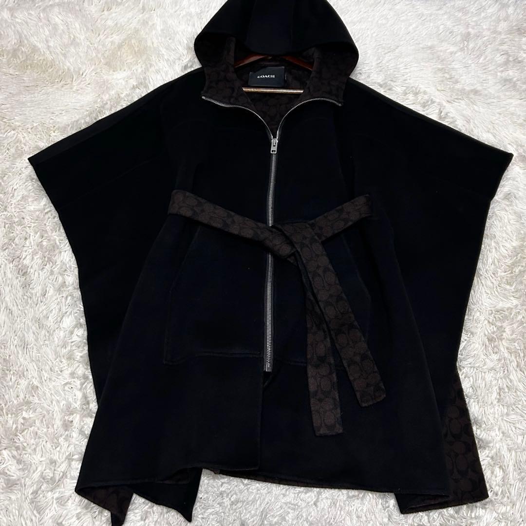 極美品 COACH カシミヤ混 ポンチョコート シグネチャー M L ブラック