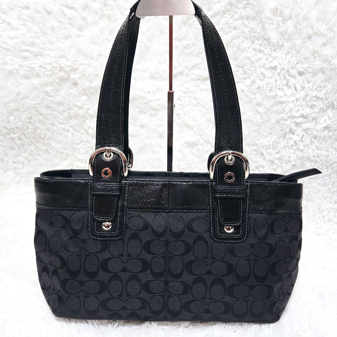 COACH ブラック シグネチャー パテントレザー キャンバス トート
