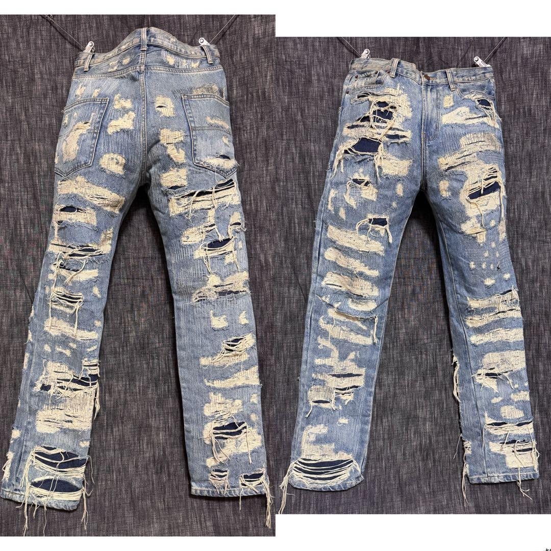 ブランド不明 ハードダメージ加工デニム　ジーンズ インディゴ　デストロイ　YKK デストロイ デニム パンツ ボトムス ｜【公式】DIVINER（ディバイナー）