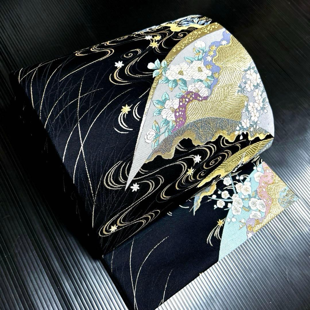 正絹　袋帯《水面　花々》