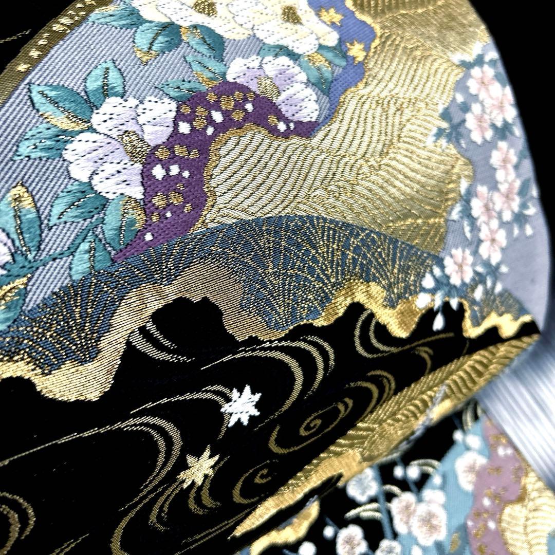 正絹　袋帯《水面　花々》