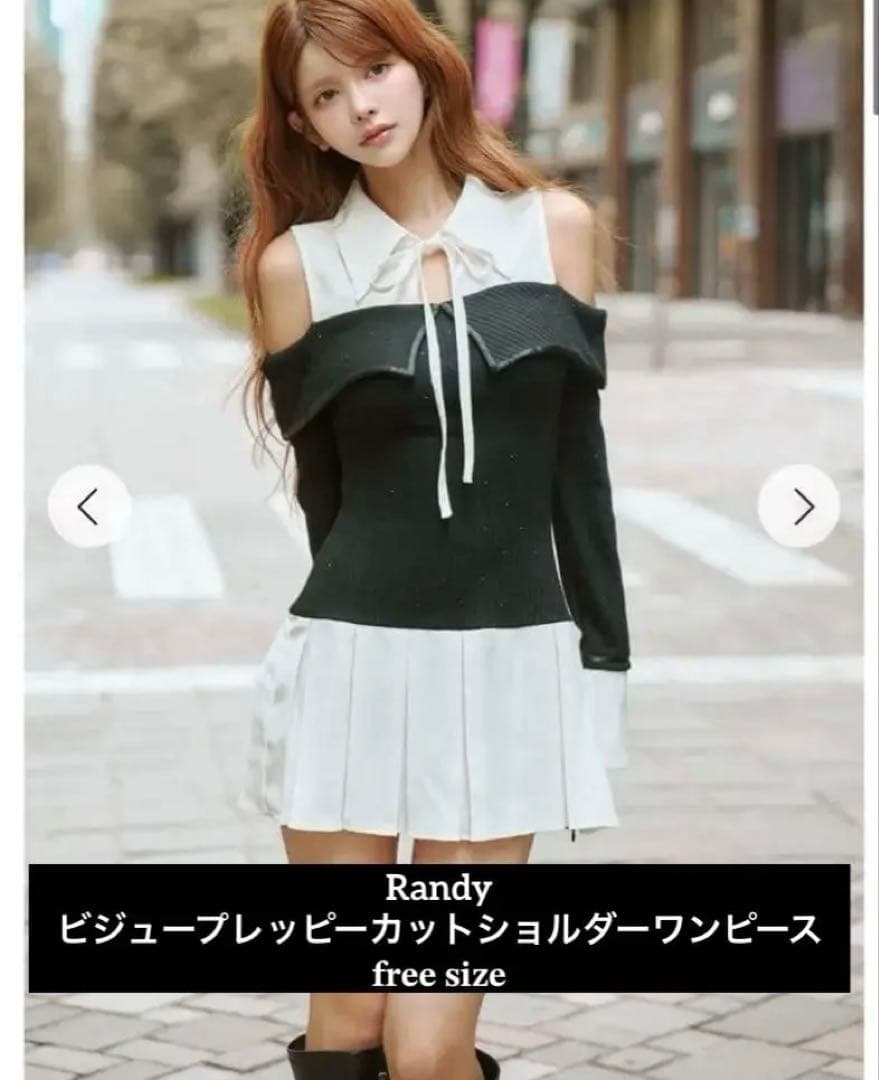 Randy ビジュープレッピーカットショルダーワンピース/ブラック/フリーサイズ Randy ビジュープレッピーカットショルダーワンピース ブラック、FREE