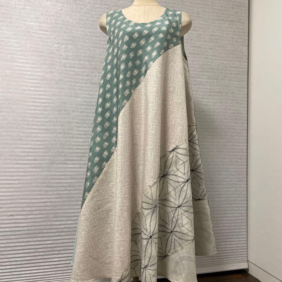 着物ワンピーステントラインロング丈《10》大島紬［都喜ヱ門&白大島］や紬L〜