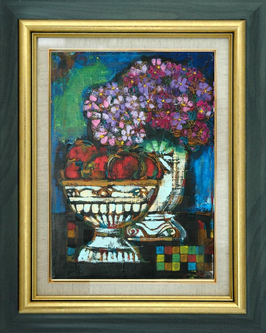 油絵 菅家令子 絵 絵画インテリア額付(青緑＋金色の枠)uF6-063504花器 油絵 菅家令子 絵 絵画インテリア額付(青緑＋金色の枠) F4-071012女性