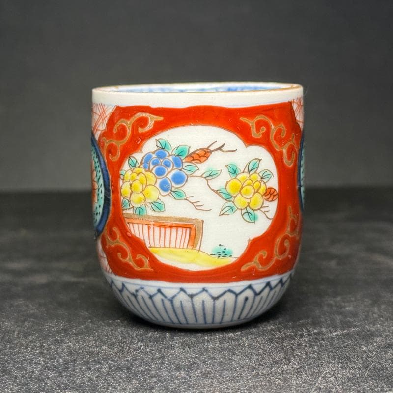 古伊万里 錦手 窓絵草花文 覗 17客 無傷 明治 小猪口 のぞき