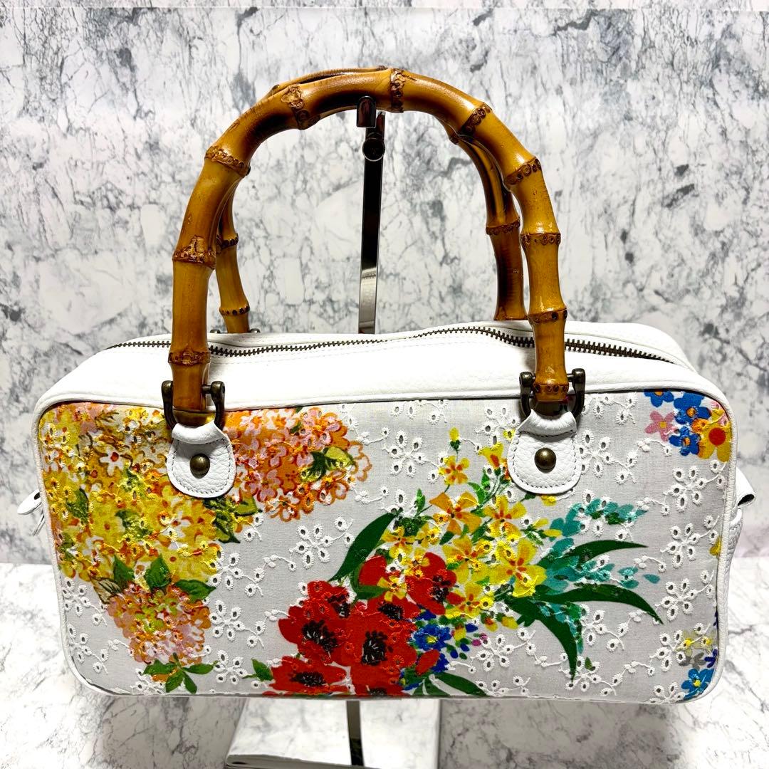 【極美品】タマオユゲ　弓削珠緒　ハンドバッグ　バンブー　ホワイト　花柄　希少