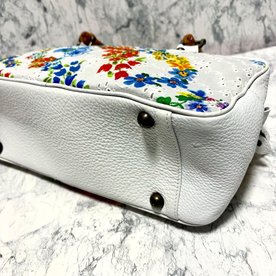 【極美品】タマオユゲ　弓削珠緒　ハンドバッグ　バンブー　ホワイト　花柄　希少