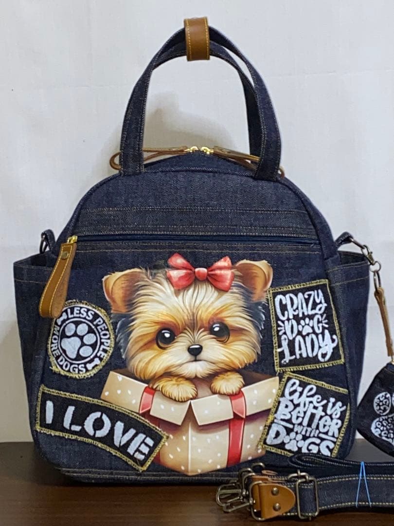 ハンドメイド☆岡山デニム☆☆ヨークシャテリア☆4wayボストンバッグ ☆岡山デニム☆ボステリ&フレブル☆ステンシル☆扇型☆4wayボストン