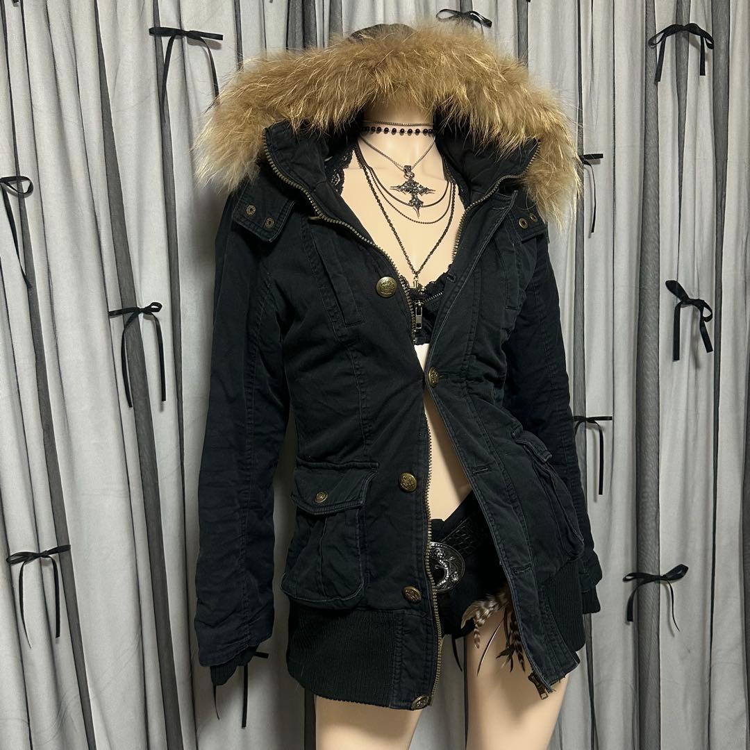 平成ギャル y2k リアルファー付きミニタリーモッズコート 黒 グランジ