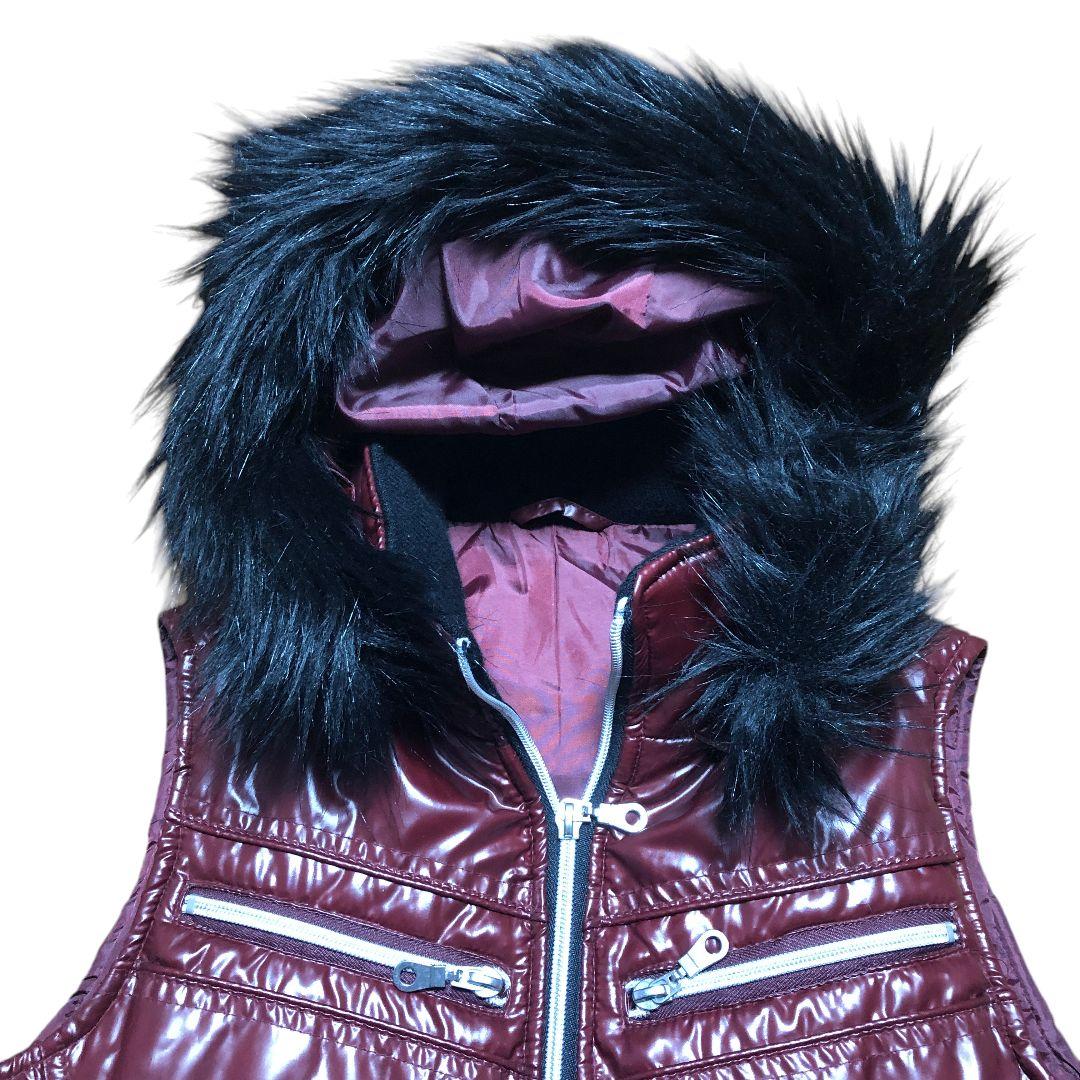 人気 y2k 光沢 バーガンディ ファーキルティングベスト ワイン色 M