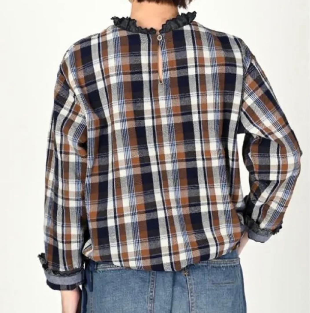 45R 藍ざっくりネルのフリルTシャツ 新品 シャツ ブラウス