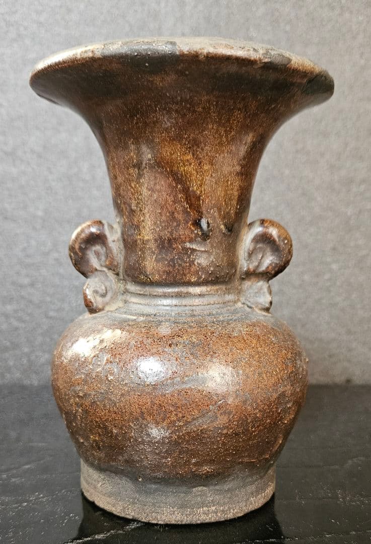 江戸時代 古唐津系 双耳 褐釉 鉄釉 広口 花入れ 花生け 花瓶