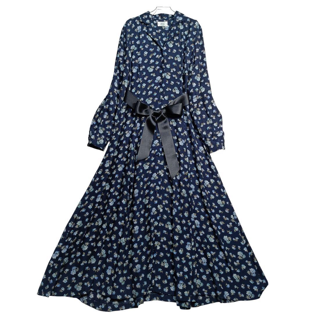 ローラアシュレイ ロングフレアワンピース 花柄 総柄 ネイビー 前開き