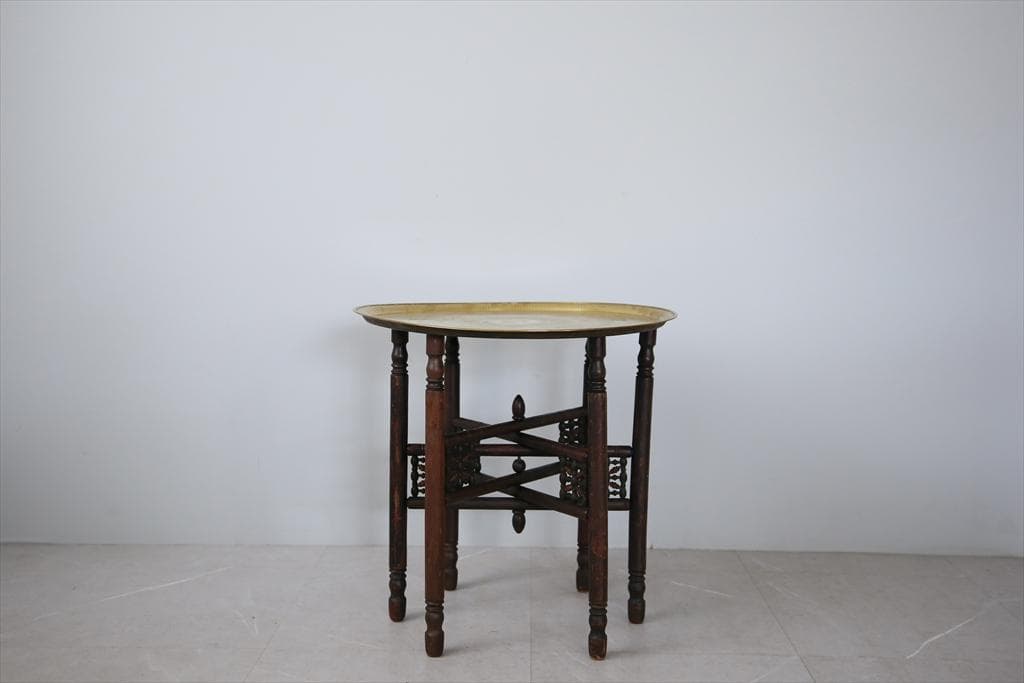 英国アンティーク真鍮製サイドテーブル/木製丸机/折畳式飾り棚/花台(89