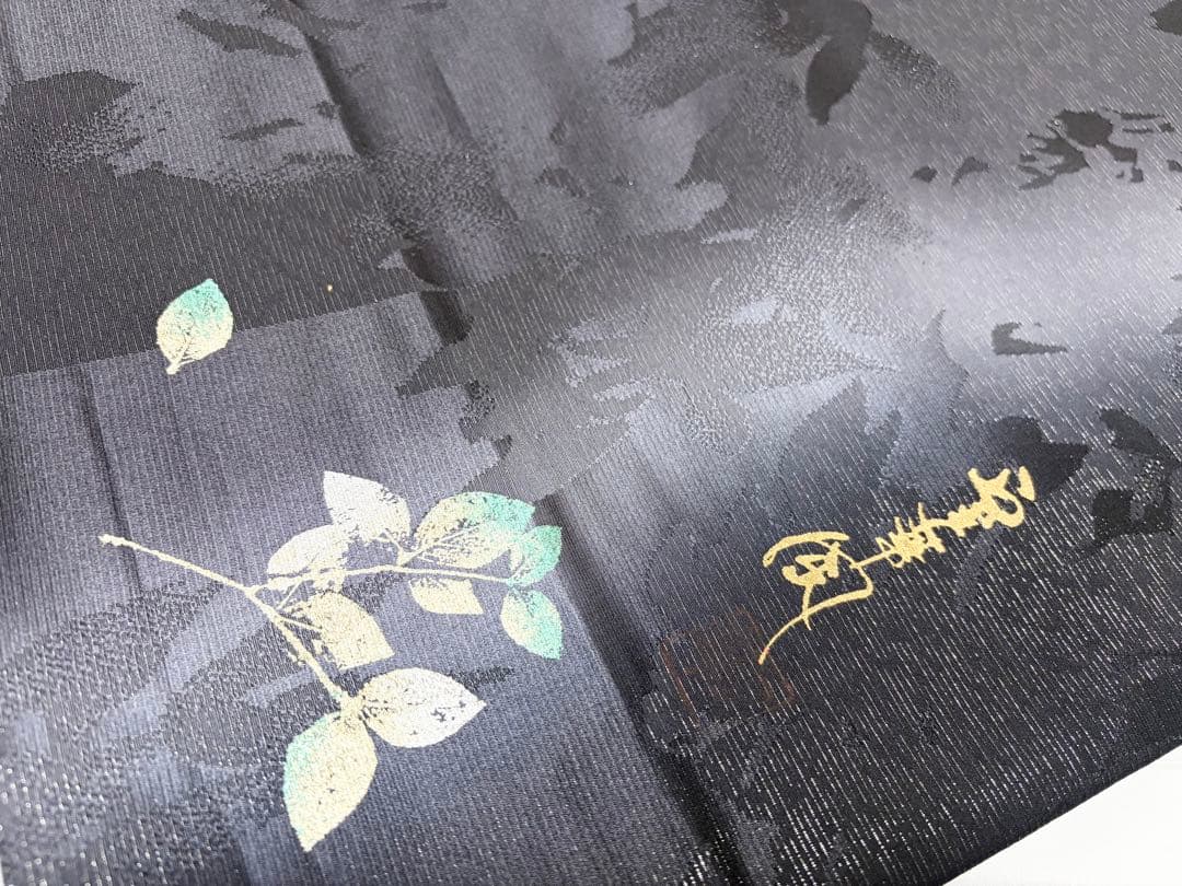 B リーフ模様 銀通し 室華風 作家物 黒 モノトーン シック 正絹 全通