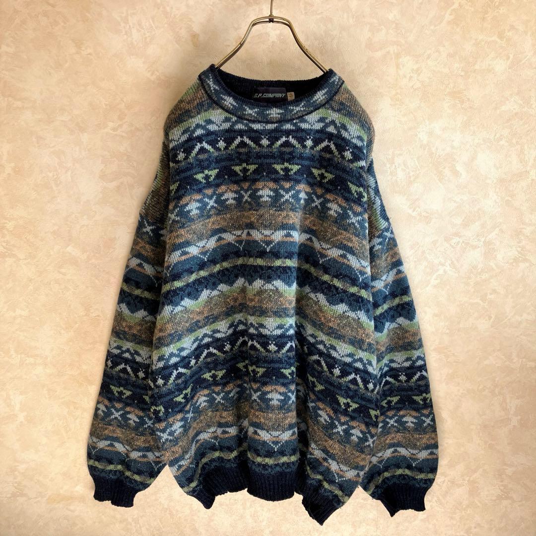 希少 80's フランス製 C.P.COMPANY ウールセーター 青 XL