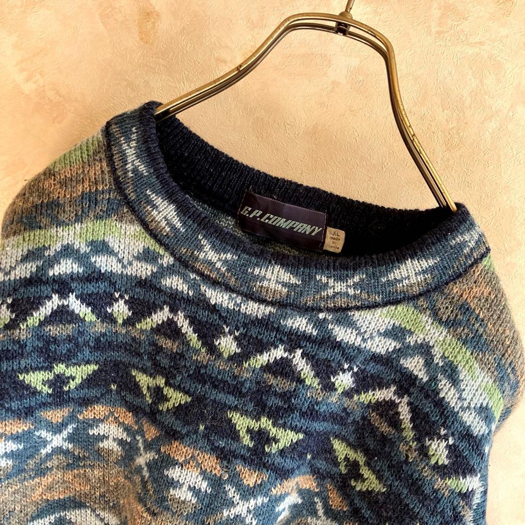 希少 80's フランス製 C.P.COMPANY ウールセーター 青 XL