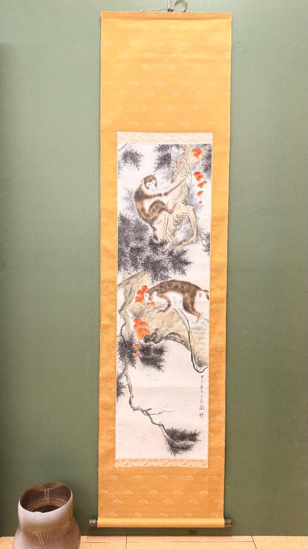 掛軸・肉筆】双猿図 秋景花鳥画｜日本画｜床の間・和室・縁起物